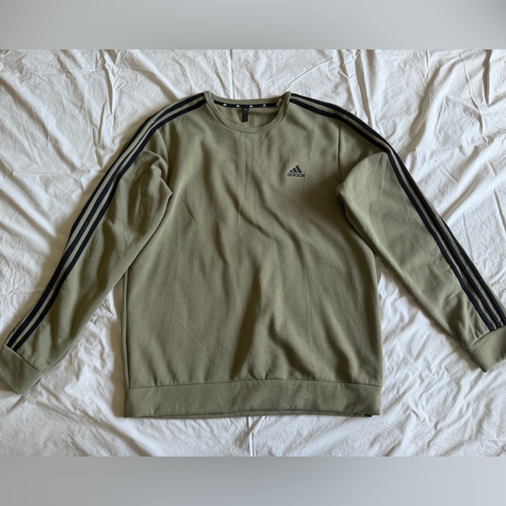 adidas Olive Green Crewneck Sweater with Black Stripes